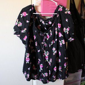 TORRID BLACK AND PINK FLORAL PEASANT BLOUSE